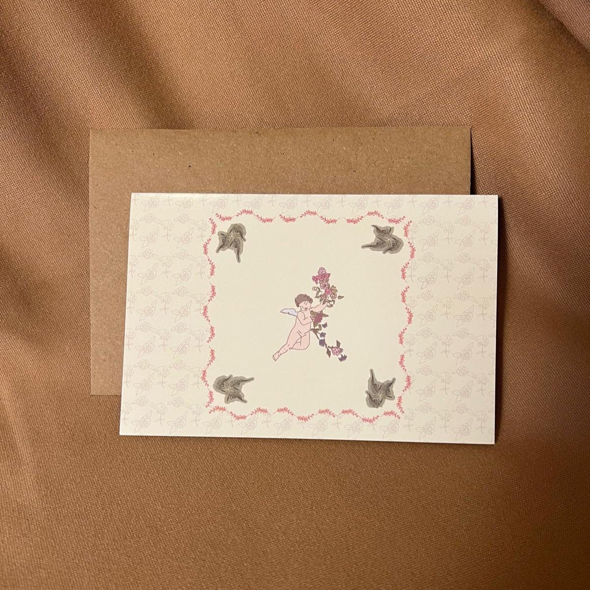 Cherub with Pink Flowers and Daisies Christmas card
