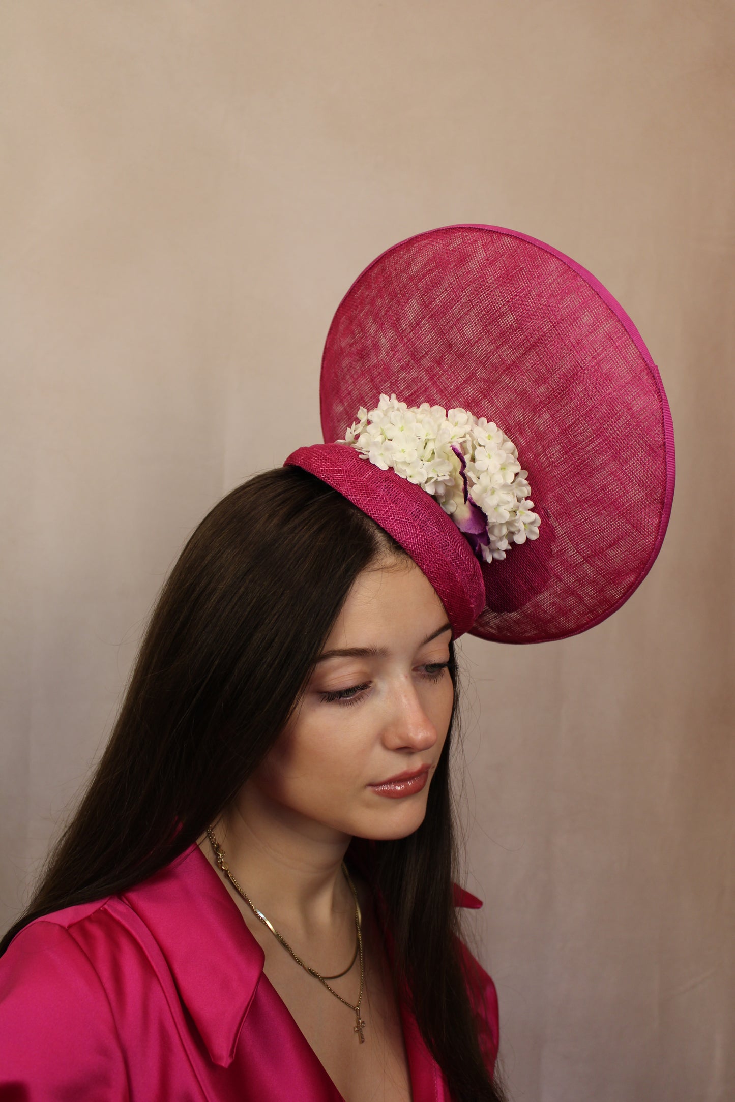 Pink fuchsia, off-white, lilac floral hat