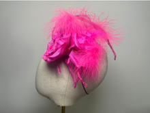 Load image into Gallery viewer, Fuchsia pink flower, feather fascinator.
